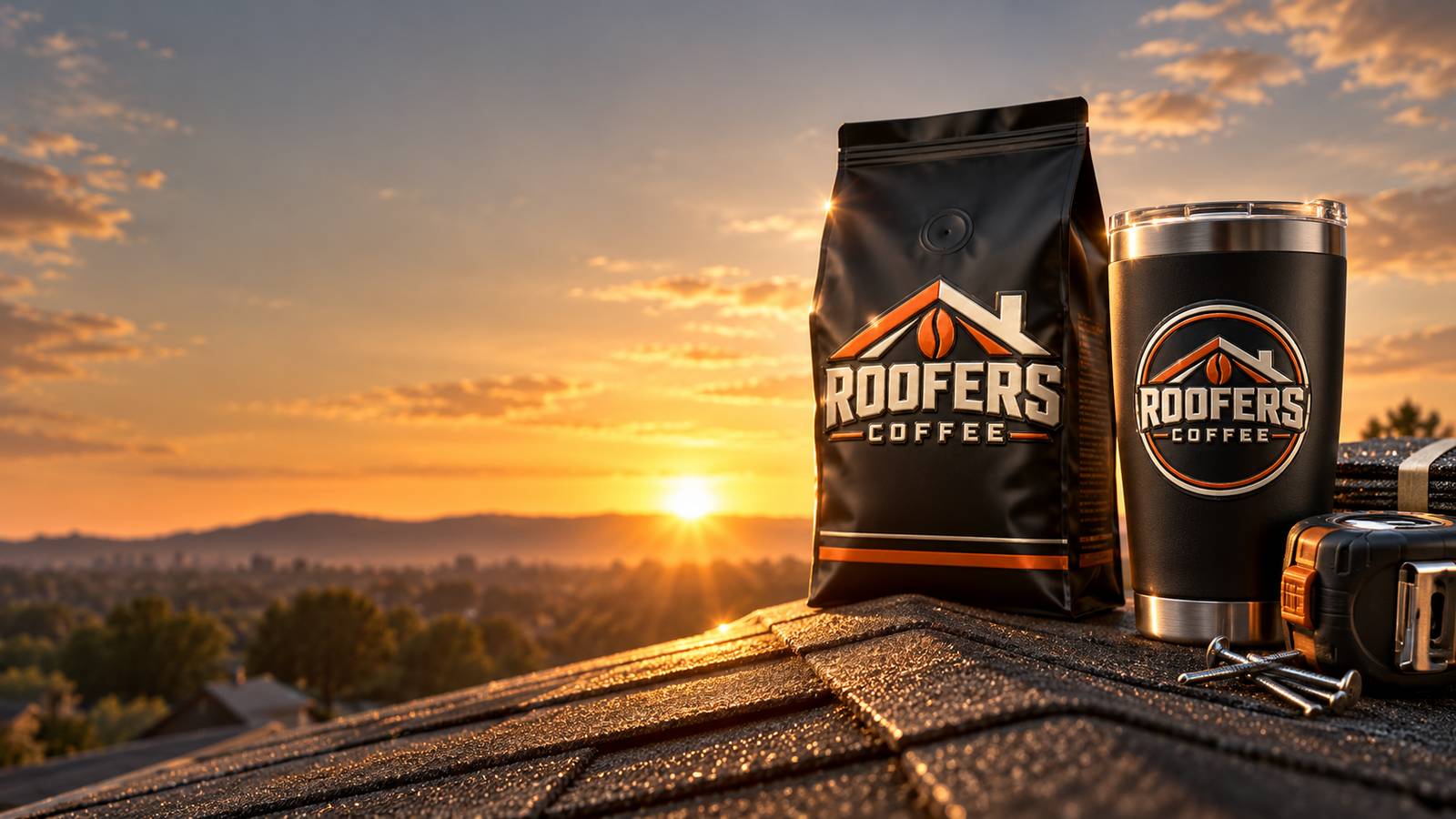 ROOFERS COFFEE bag and tumbler on a shingle roof at sunrise