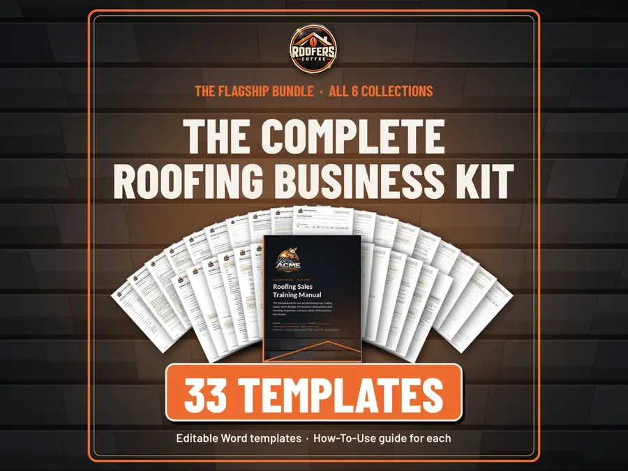 Complete Roofing Business Kit roofing template bundle cover: 33 editable Word templates from ROOFERS COFFEE