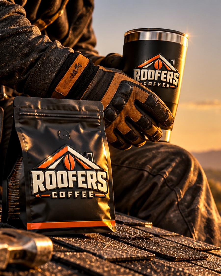 A roofer's gloved hand holding a ROOFERS COFFEE tumbler beside a bag of coffee on the roof