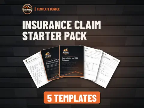 Insurance Claim Starter Pack roofing template bundle cover: 5 editable Word templates from ROOFERS COFFEE
