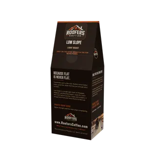 ROOFERS COFFEE Low Slope light roast 12 oz coffee box, back panel with the story and brew guide