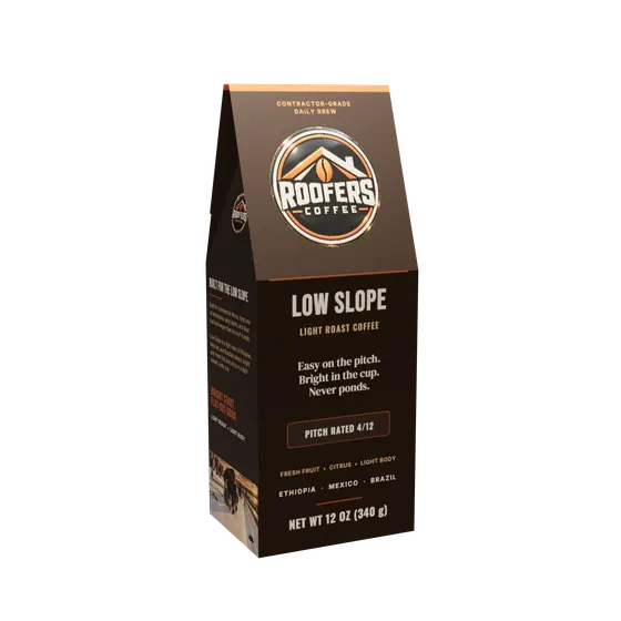 ROOFERS COFFEE Low Slope light roast 12 oz coffee box, front view