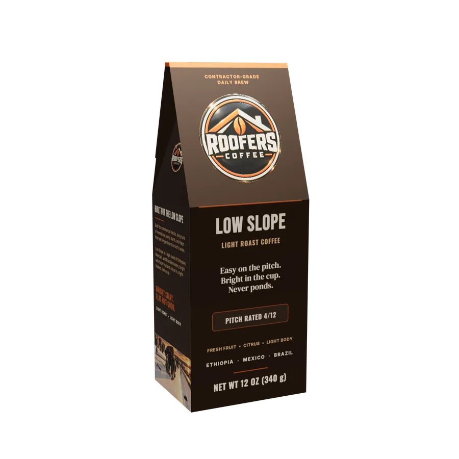 ROOFERS COFFEE Low Slope light roast 12 oz coffee box, front view