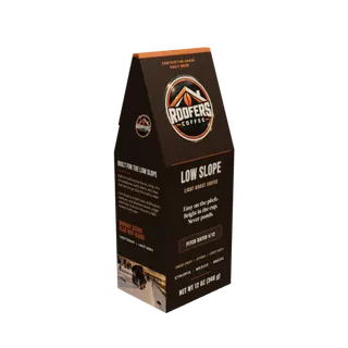 ROOFERS COFFEE Low Slope light roast 12 oz coffee box, three-quarter view showing the story side and artwork