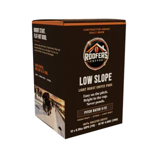 ROOFERS COFFEE Low Slope light roast coffee pods box, side panel with the roofing artwork