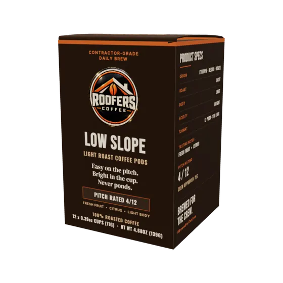 ROOFERS COFFEE Low Slope light roast coffee pods box, front view