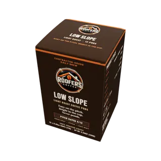 ROOFERS COFFEE Low Slope light roast coffee pods box, top of the box