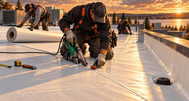 A roofer heat-welding the seams of a white TPO membrane on a low-slope roof at sunset