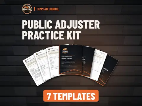 Public Adjuster Practice Kit roofing template bundle cover: 7 editable Word templates from ROOFERS COFFEE