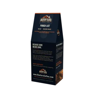 ROOFERS COFFEE Punch List decaf 12 oz coffee box, back panel with the story and brew guide