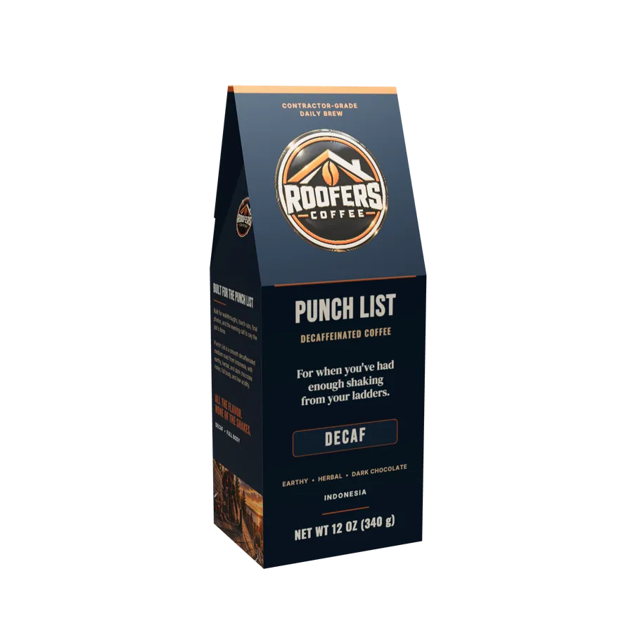ROOFERS COFFEE Punch List decaf 12 oz coffee box, front view