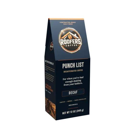 ROOFERS COFFEE Punch List decaf 12 oz coffee box, front view