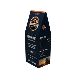 ROOFERS COFFEE Punch List decaf 12 oz coffee box, three-quarter view showing the product specs panel