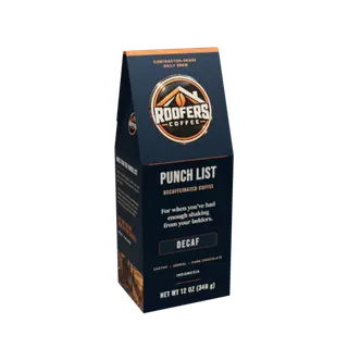 ROOFERS COFFEE Punch List decaf 12 oz coffee box, three-quarter view showing the story side and artwork