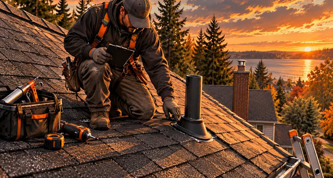 A roofer checking the punch list on a tablet beside a new pipe boot on a finished roof
