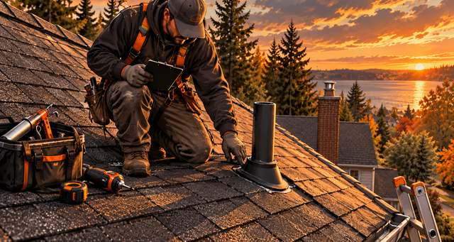 A roofer checking the punch list on a tablet beside a new pipe boot on a finished roof