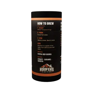 ROOFERS COFFEE Quick Patch instant coffee tube, side with the brewing instructions