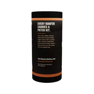 ROOFERS COFFEE Quick Patch instant coffee tube, side with the patch kit story