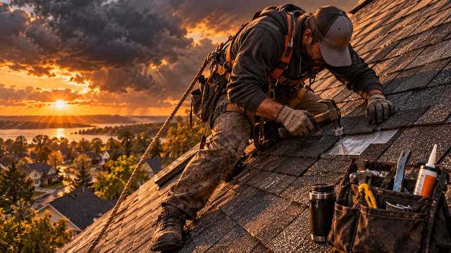 A roofer hammering a metal patch over a leak on a shingle roof at sunset, a thermos and patch kit beside him