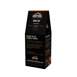 ROOFERS COFFEE Ridge Cap dark roast 12 oz coffee box, back panel with the story and brew guide