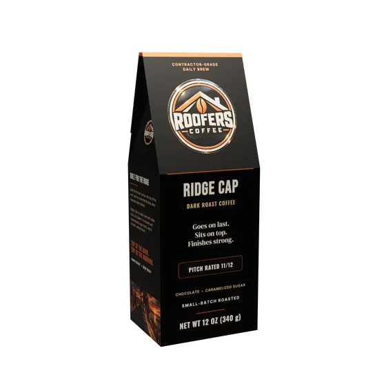 ROOFERS COFFEE Ridge Cap dark roast 12 oz coffee box, front view