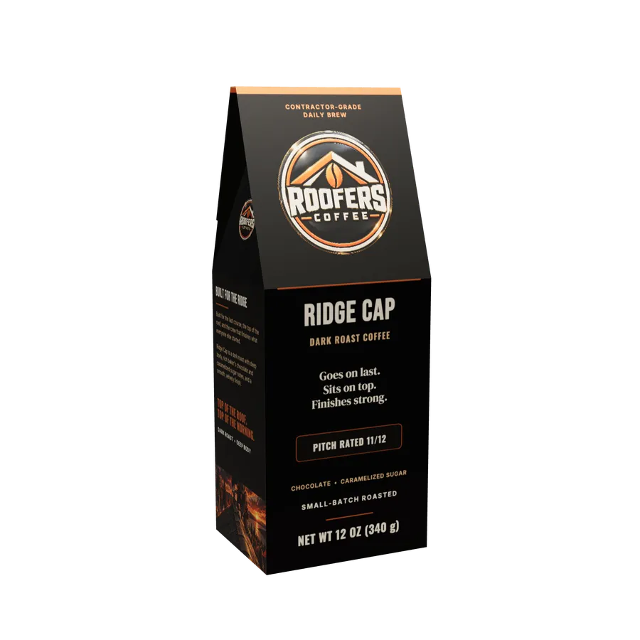ROOFERS COFFEE Ridge Cap dark roast 12 oz coffee box, front view