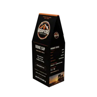 ROOFERS COFFEE Ridge Cap dark roast 12 oz coffee box, three-quarter view showing the product specs panel