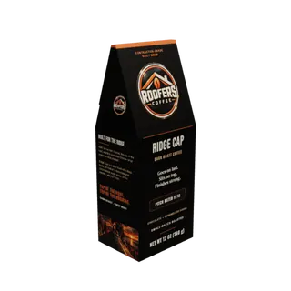 ROOFERS COFFEE Ridge Cap dark roast 12 oz coffee box, three-quarter view showing the story side and artwork