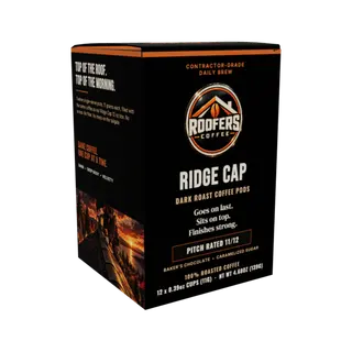 ROOFERS COFFEE Ridge Cap dark roast coffee pods box, side panel with the roofing artwork