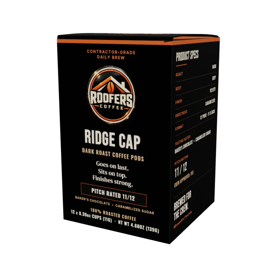 ROOFERS COFFEE Ridge Cap dark roast coffee pods box, front view