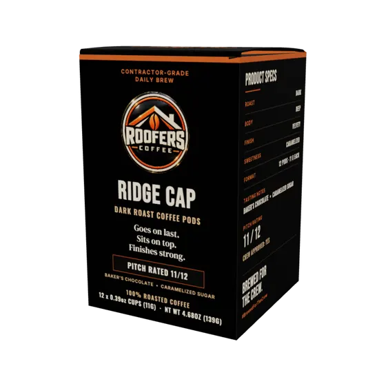 ROOFERS COFFEE Ridge Cap dark roast coffee pods box, front view