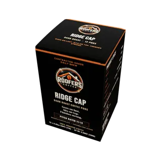 ROOFERS COFFEE Ridge Cap dark roast coffee pods box, top of the box