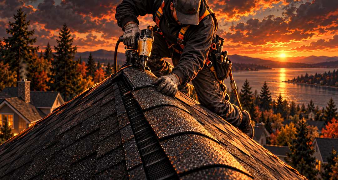 A roofer nailing ridge cap shingles along the peak of a roof at sunset