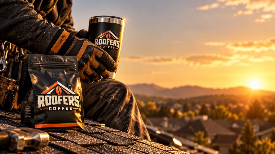 A roofer holding a ROOFERS COFFEE tumbler next to a bag of coffee on the roof at sunset