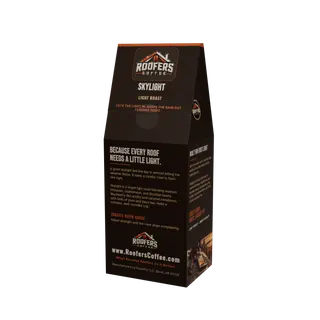 ROOFERS COFFEE Skylight light roast 12 oz coffee box, back panel with the story and brew guide