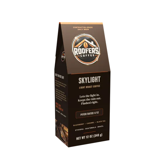 ROOFERS COFFEE Skylight light roast 12 oz coffee box, front view