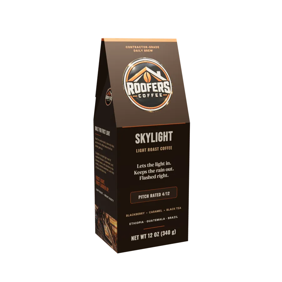 ROOFERS COFFEE Skylight light roast 12 oz coffee box, front view