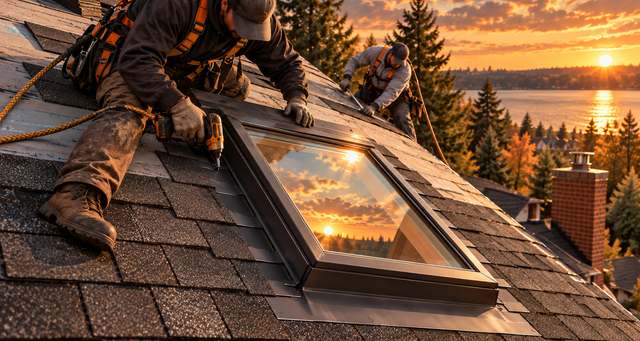 A roofer installing a new skylight in a shingle roof at sunset