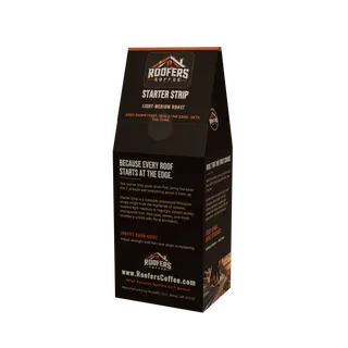 ROOFERS COFFEE Starter Strip light-medium roast 12 oz coffee box, back panel with the story and brew guide
