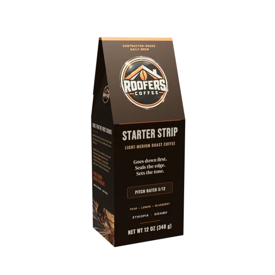 ROOFERS COFFEE Starter Strip light-medium roast 12 oz coffee box, front view