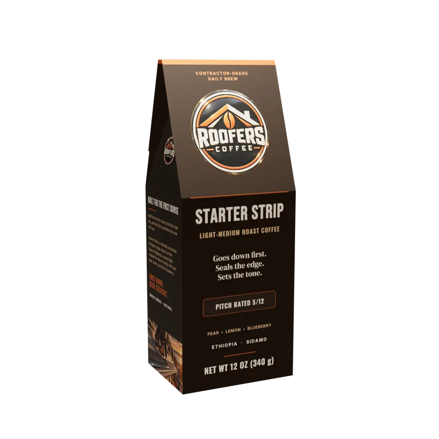 ROOFERS COFFEE Starter Strip light-medium roast 12 oz coffee box, front view