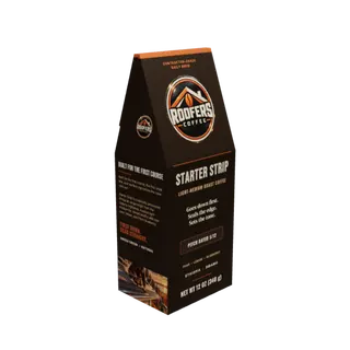 ROOFERS COFFEE Starter Strip light-medium roast 12 oz coffee box, three-quarter view showing the story side and artwork