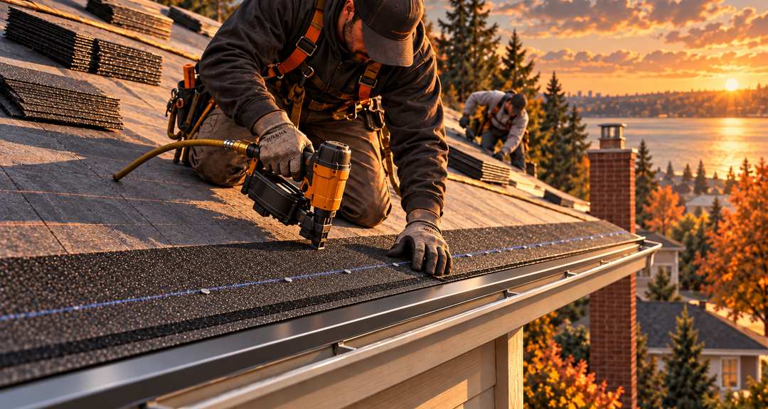 A roofer nailing the starter strip along the eave of a roof at sunset