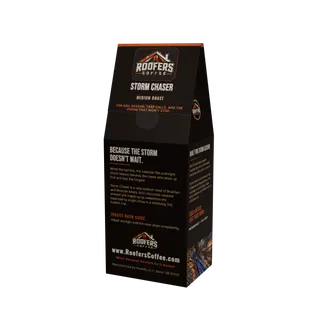 ROOFERS COFFEE Storm Chaser medium roast 12 oz coffee box, back panel with the story and brew guide