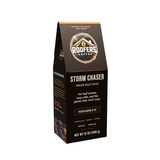 ROOFERS COFFEE Storm Chaser medium roast 12 oz coffee box, front view