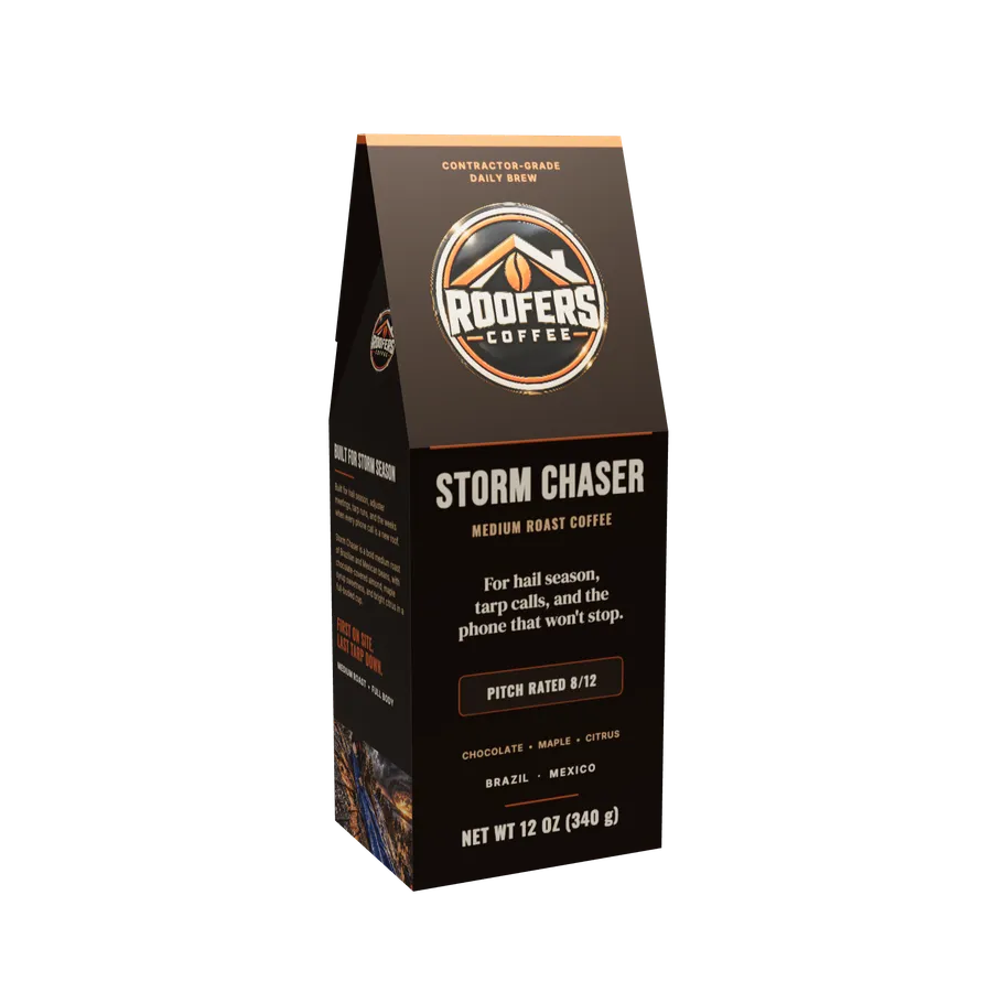 ROOFERS COFFEE Storm Chaser medium roast 12 oz coffee box, front view