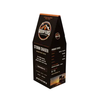 ROOFERS COFFEE Storm Chaser medium roast 12 oz coffee box, three-quarter view showing the product specs panel