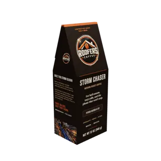 ROOFERS COFFEE Storm Chaser medium roast 12 oz coffee box, three-quarter view showing the story side and artwork