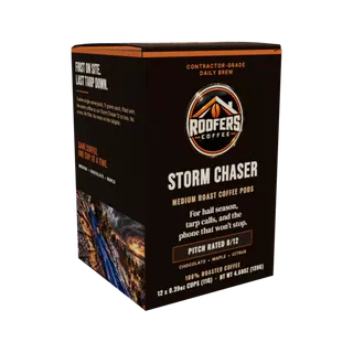 ROOFERS COFFEE Storm Chaser medium roast coffee pods box, side panel with the roofing artwork