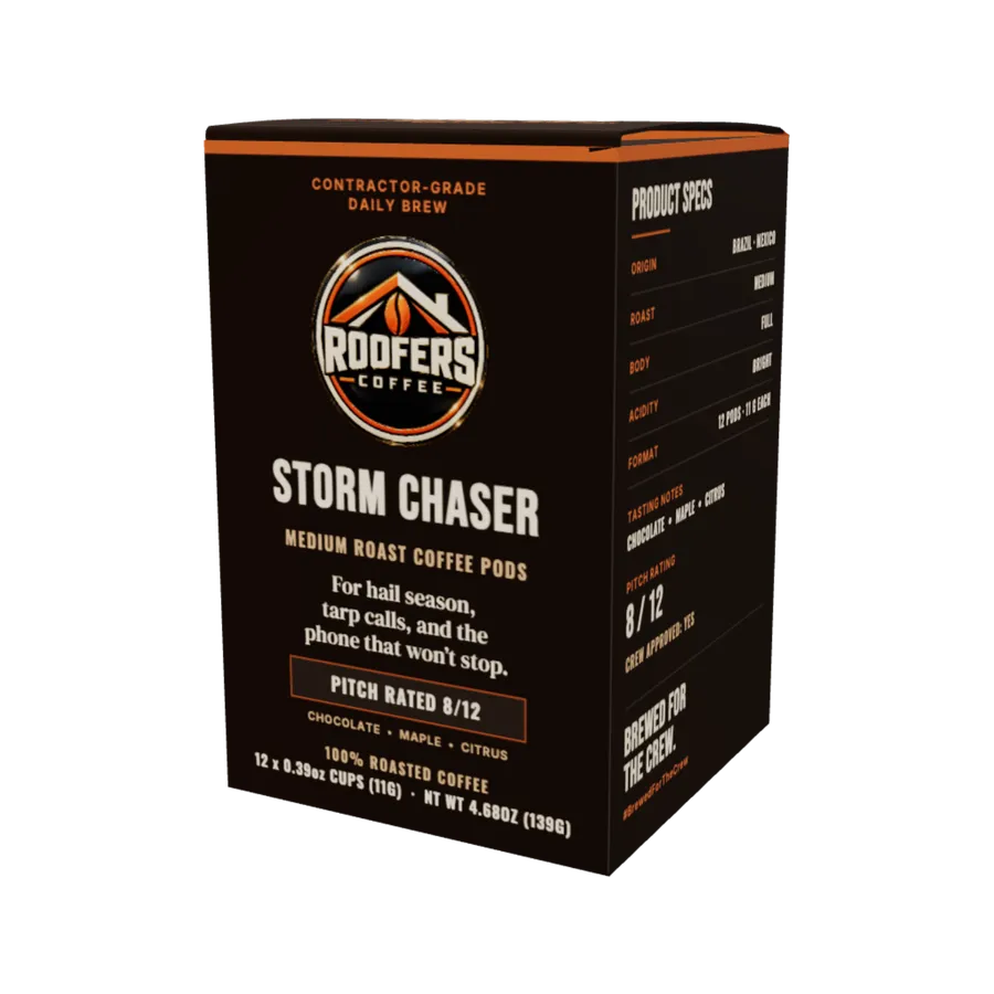 ROOFERS COFFEE Storm Chaser medium roast coffee pods box, front view